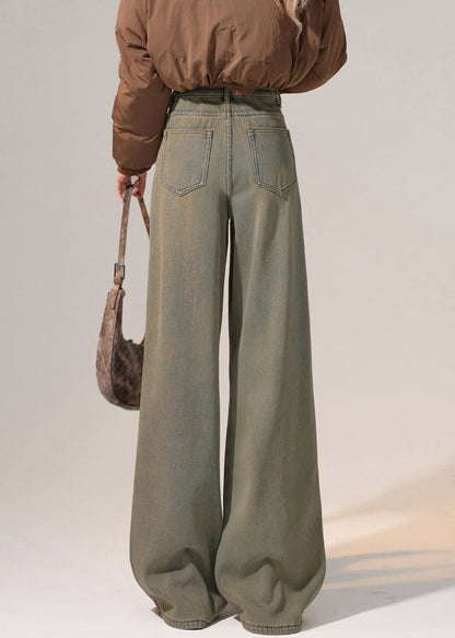 Nostalgische blaue, warme Fleece-Denimhose mit Taschen, weitem Bein und hohem Bund