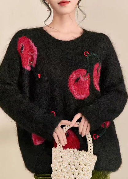 Suéteres de punto de algodón acogedores con cuello redondo y estampado negro novedoso para primavera