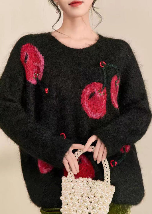 Suéteres de punto de algodón acogedores con cuello redondo y estampado negro novedoso para primavera