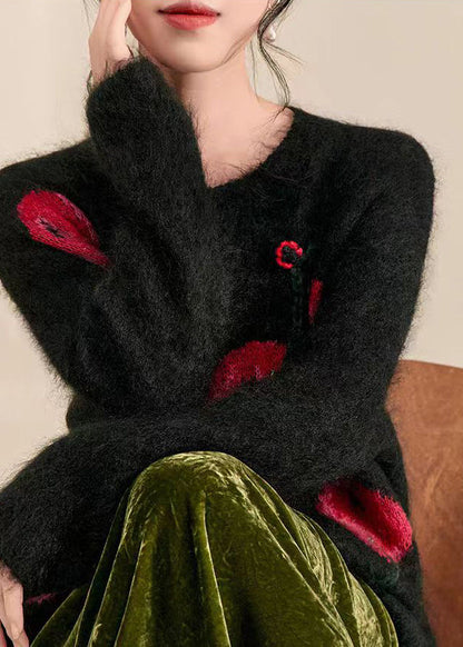 Suéteres de punto de algodón acogedores con cuello redondo y estampado negro novedoso para primavera