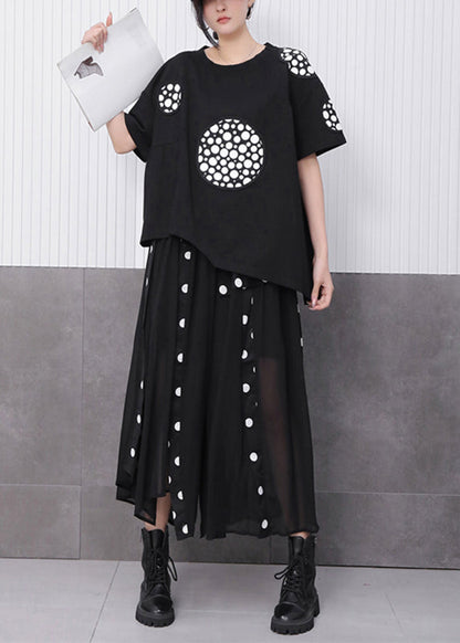 Novelty Black Print T Shirts And Tulle Maxi Skirts Two Pieces Set Summer