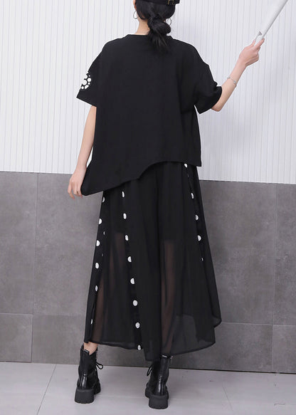 Novelty Black Print T Shirts And Tulle Maxi Skirts Two Pieces Set Summer