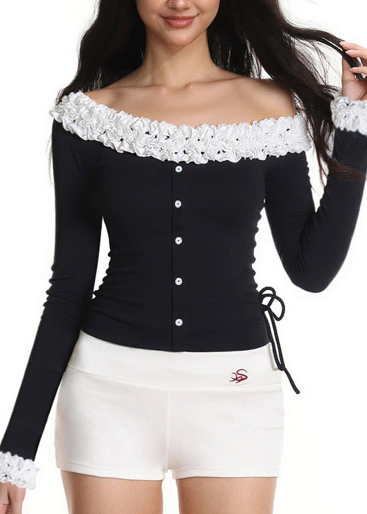 Novelty Black Slash Neck Ruffled Patchwork Cold Shoulder Tops Fall