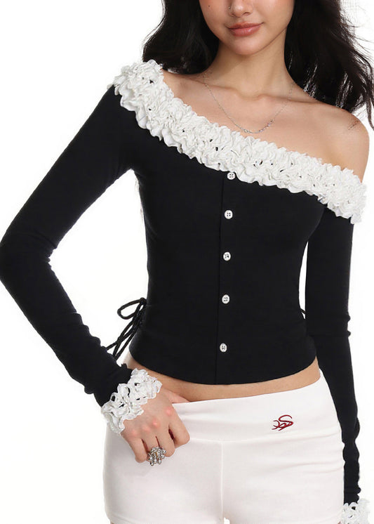 Novelty Black Slash Neck Ruffled Patchwork Cold Shoulder Tops Fall