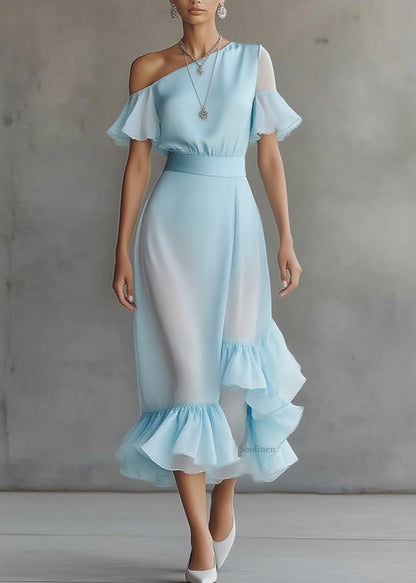 Novelty Blue Asymmetrical Patchwork Solid Chiffon Maxi Dress Butterfly Sleeve