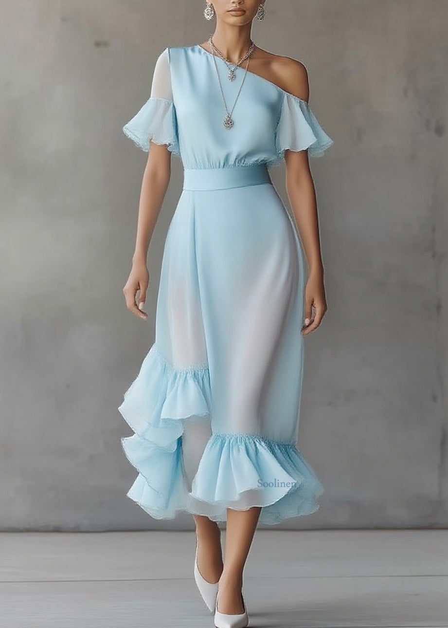 Novelty Blue Asymmetrical Patchwork Solid Chiffon Maxi Dress Butterfly Sleeve