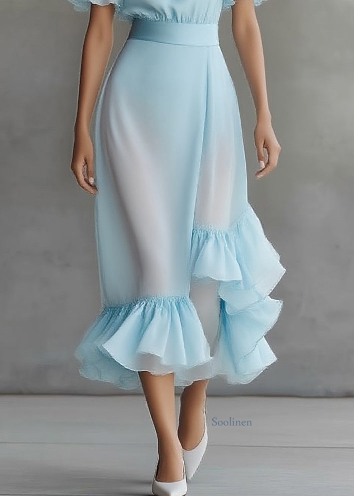 Novelty Blue Asymmetrical Patchwork Solid Chiffon Maxi Dress Butterfly Sleeve