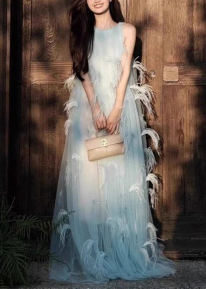 Novelty Blue Feather Patchwork Chiffon Robe Dresses Sleeveless
