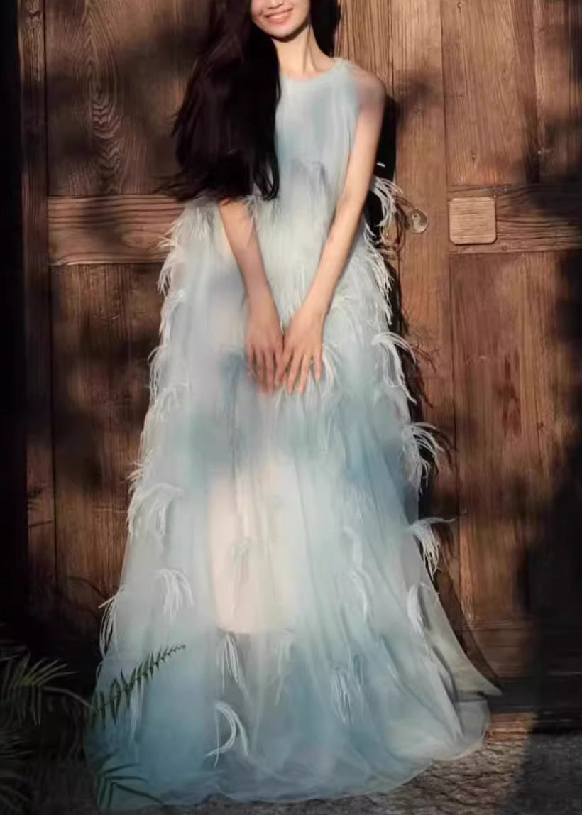 Novelty Blue Feather Patchwork Chiffon Robe Dresses Sleeveless