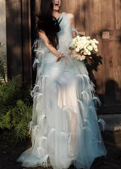 Novelty Blue Feather Patchwork Chiffon Robe Dresses Sleeveless