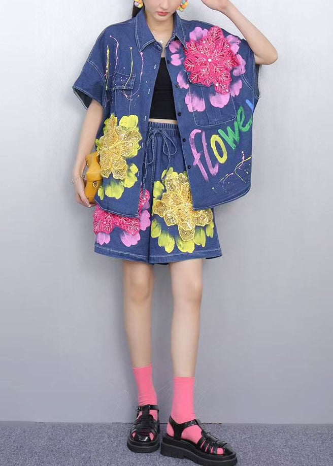 Novelty Blue Sequins Print Patchwork Denim Two Pieces Set Summer