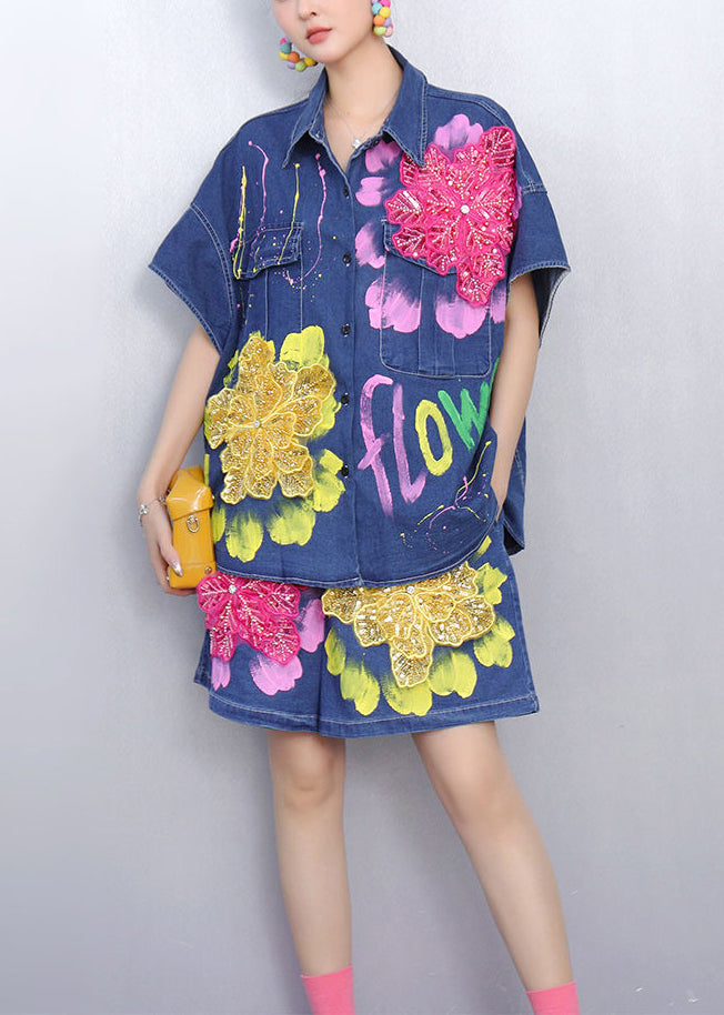 Novelty Blue Sequins Print Patchwork Denim Two Pieces Set Summer