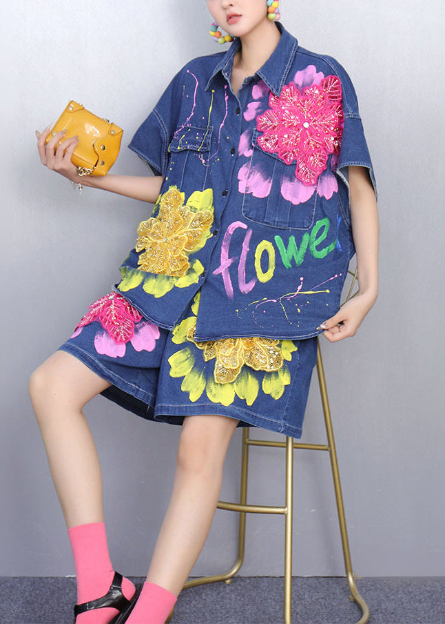 Novelty Blue Sequins Print Patchwork Denim Two Pieces Set Summer