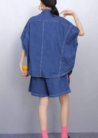 Novelty Blue Sequins Print Patchwork Denim Two Pieces Set Summer