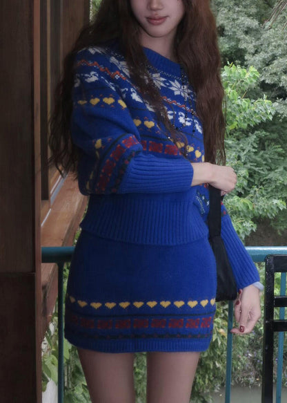 Conjunto de dos piezas de jersey y falda de punto de algodón con estampado de cuello oblicuo azul novedoso para primavera