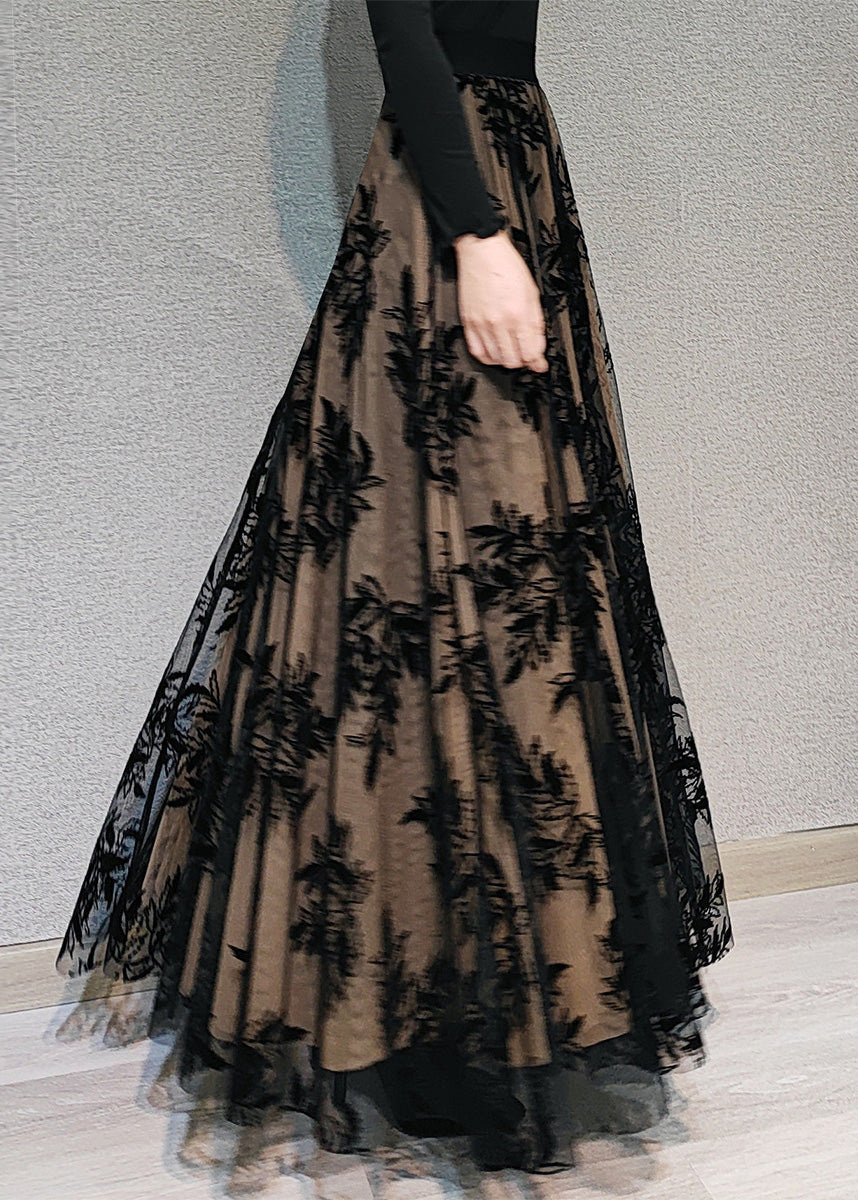 Neuheit Schokolade bestickt Blumen hohe Taille drapieren Tüll Maxirock Frühling