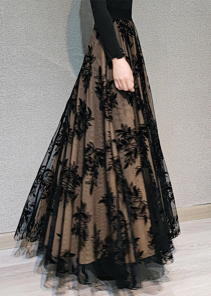 Neuheit Schokolade bestickt Blumen hohe Taille drapieren Tüll Maxirock Frühling