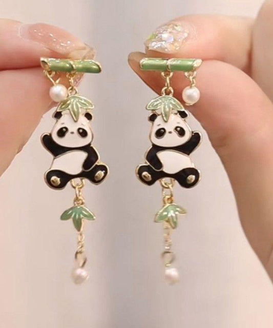 Pendientes colgantes con borlas de bambú, panda, perla y circonita de aleación de metal con bloques de colores novedosos