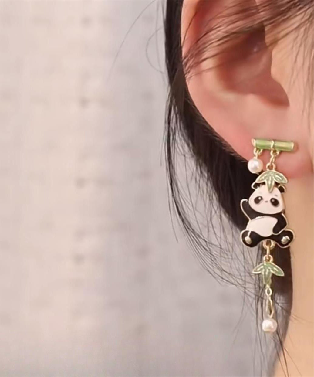 Pendientes colgantes con borlas de bambú, panda, perla y circonita de aleación de metal con bloques de colores novedosos