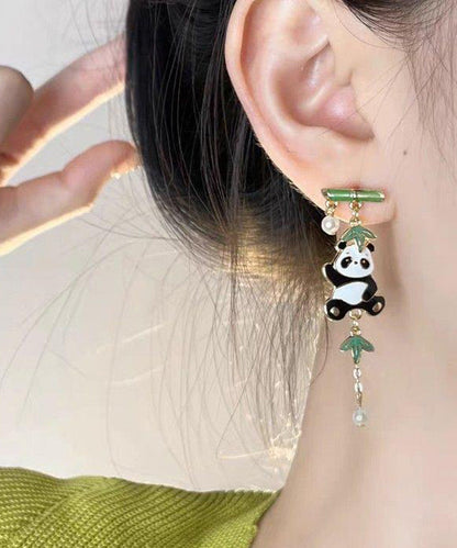 Pendientes colgantes con borlas de bambú, panda, perla y circonita de aleación de metal con bloques de colores novedosos