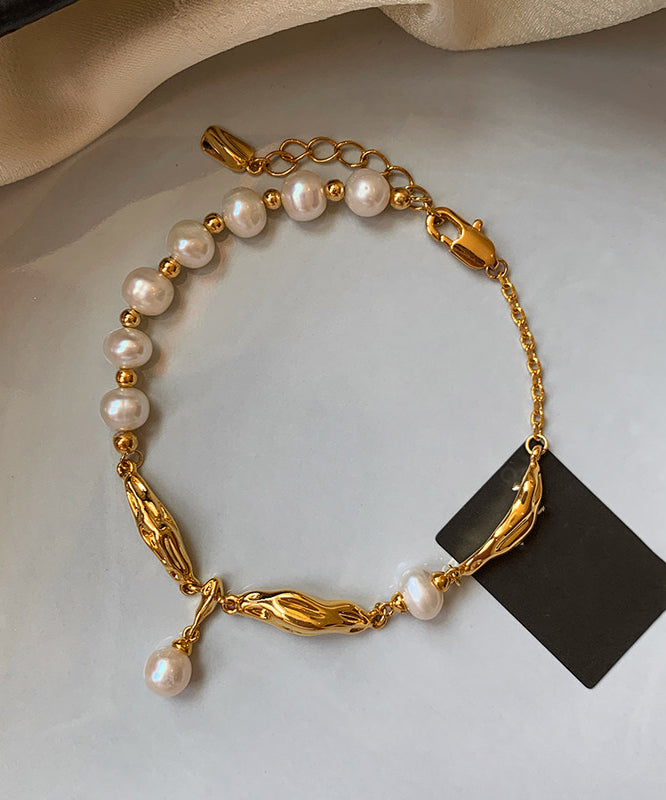 Novelty Gold Copper Overgild Metal Patchwo Pearl Charm Bracelet