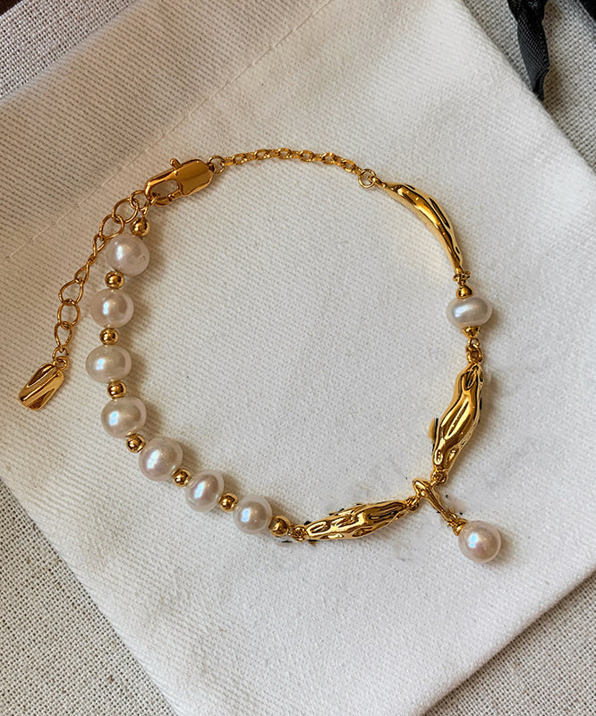 Novelty Gold Copper Overgild Metal Patchwo Pearl Charm Bracelet
