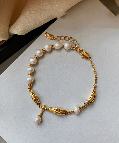 Novelty Gold Copper Overgild Metal Patchwo Pearl Charm Bracelet