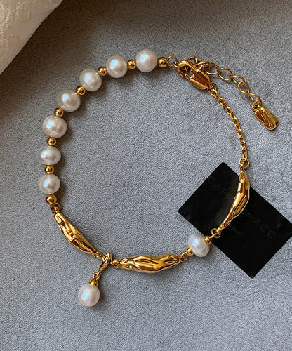Novelty Gold Copper Overgild Metal Patchwo Pearl Charm Bracelet
