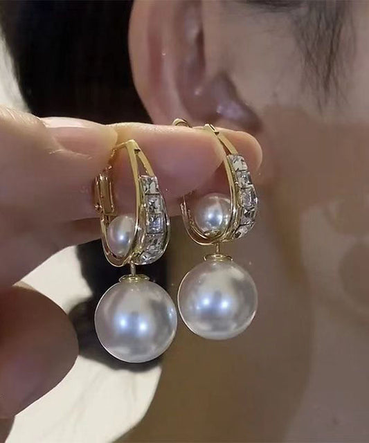 Pendientes colgantes de cobre dorado con perla y circonitas novedosos