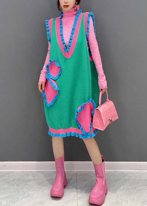 Neuartiges grünes V-Ausschnitt Patchwork Rüschen Strickkleid ärmellos