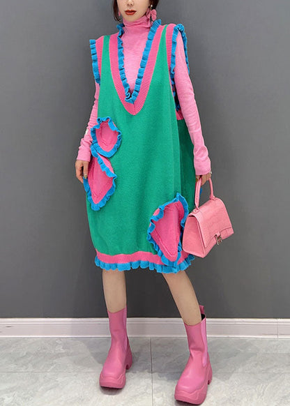 Neuartiges grünes V-Ausschnitt Patchwork Rüschen Strickkleid ärmellos