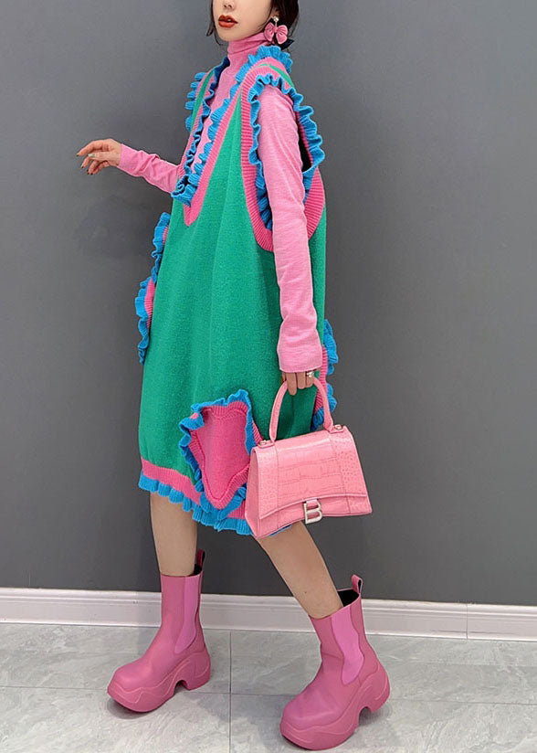 Neuartiges grünes V-Ausschnitt Patchwork Rüschen Strickkleid ärmellos