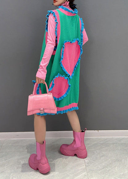 Neuartiges grünes V-Ausschnitt Patchwork Rüschen Strickkleid ärmellos