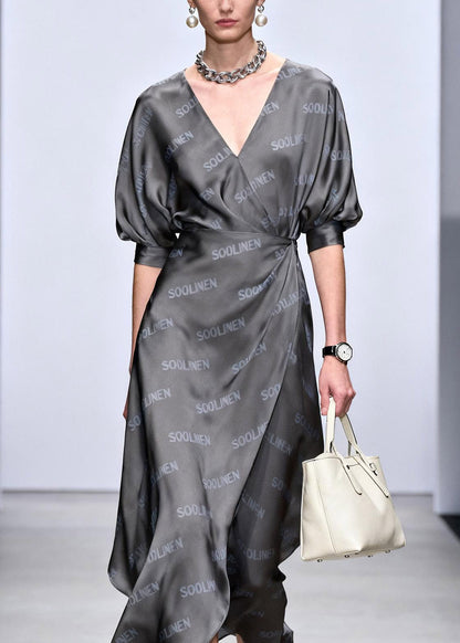 Novelty Grey Asymmetrical Cinched Long Dress Summer