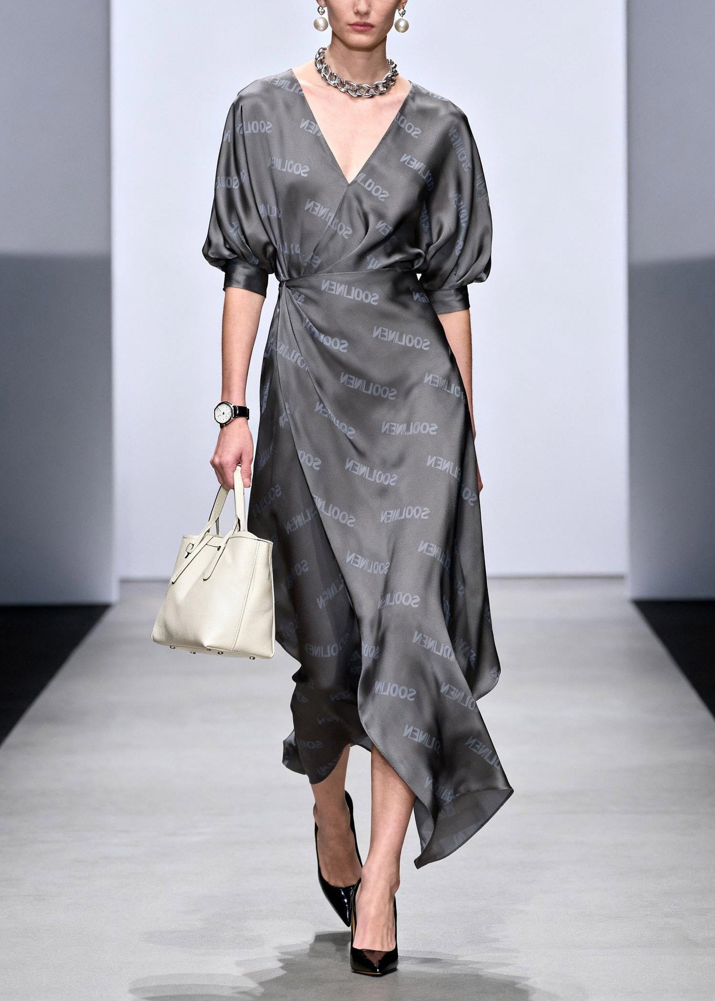 Novelty Grey Asymmetrical Cinched Long Dress Summer