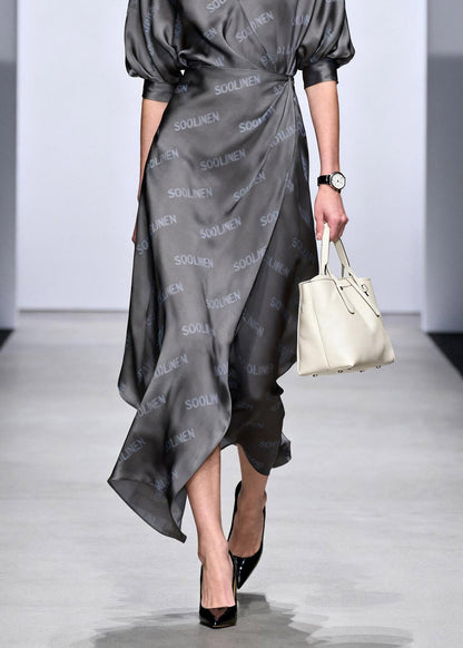 Novelty Grey Asymmetrical Cinched Long Dress Summer