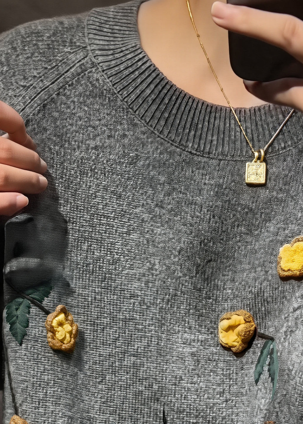 Novelty Grey O-Neck FloralCozy Cotton Knit Sweaters Spring