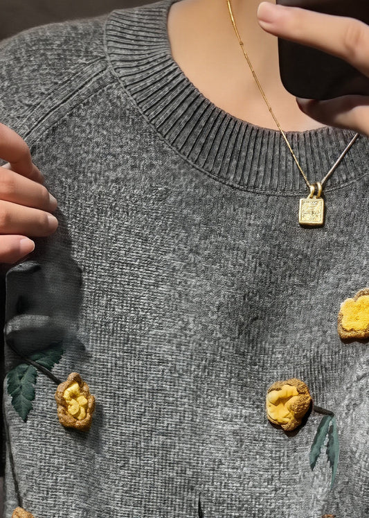 Novelty Grey O-Neck FloralCozy Cotton Knit Sweaters Spring