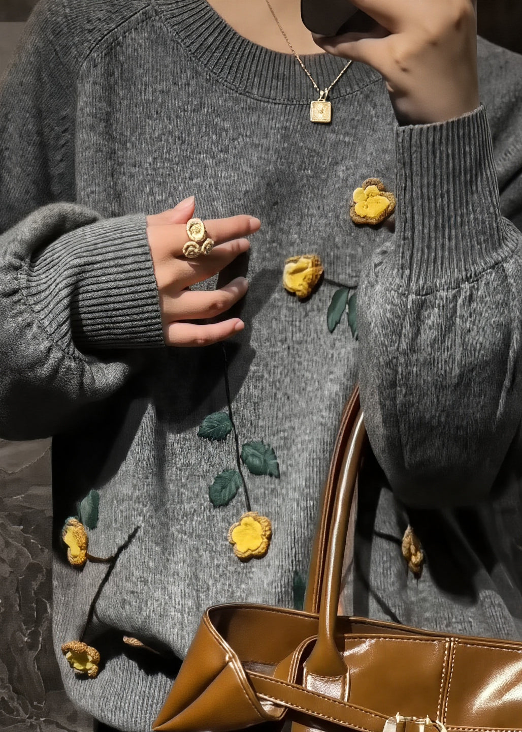 Novelty Grey O-Neck FloralCozy Cotton Knit Sweaters Spring