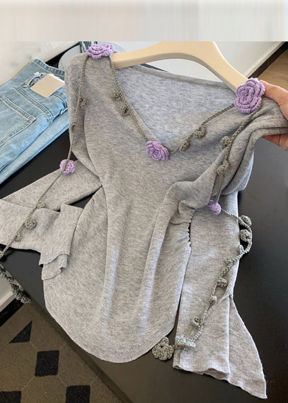 Tops de punto con encaje floral y cuello en V gris novedosos para otoño