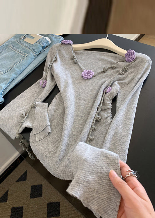 Tops de punto con encaje floral y cuello en V gris novedosos para otoño
