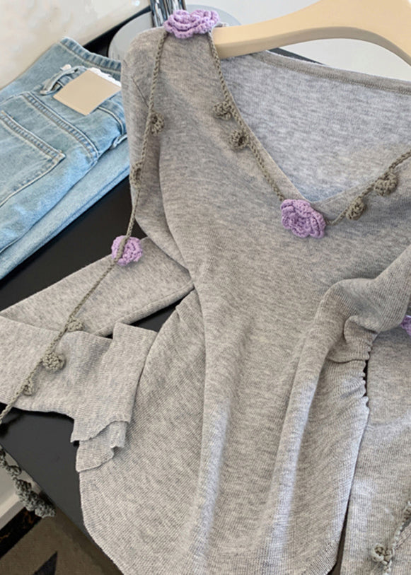 Tops de punto con encaje floral y cuello en V gris novedosos para otoño