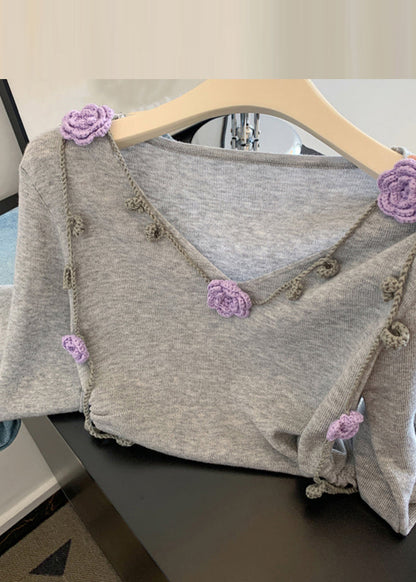 Tops de punto con encaje floral y cuello en V gris novedosos para otoño