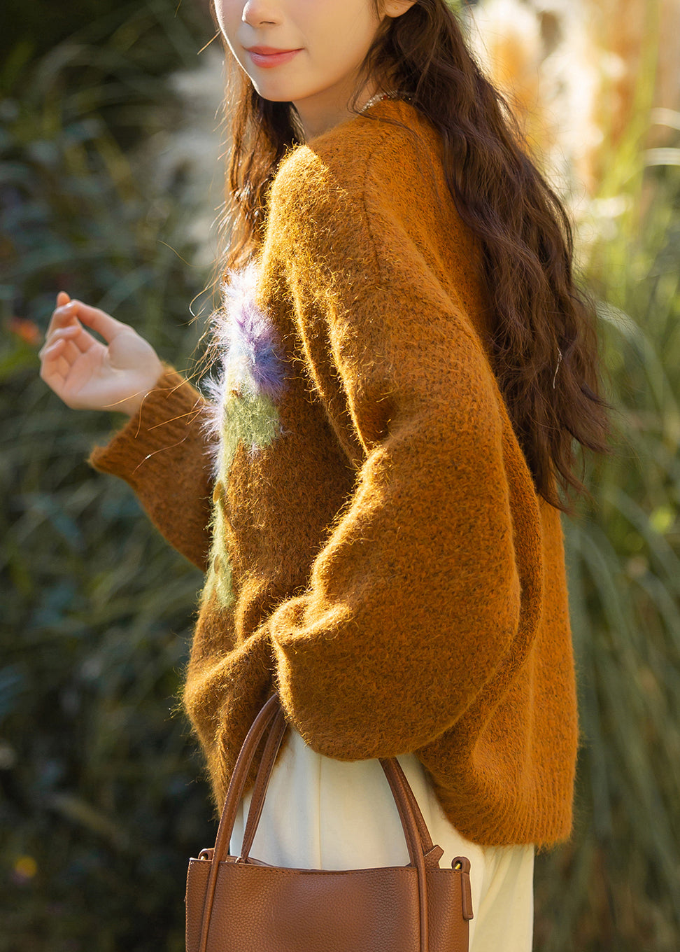 Novelty Orange O Neck Jacquard Sequins Knit Sweaters Spring