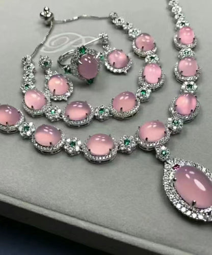 Novelty Pink Alloy Zircon Gem Stone Four-Piece Set Pendant Necklace