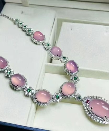 Novelty Pink Alloy Zircon Gem Stone Four-Piece Set Pendant Necklace