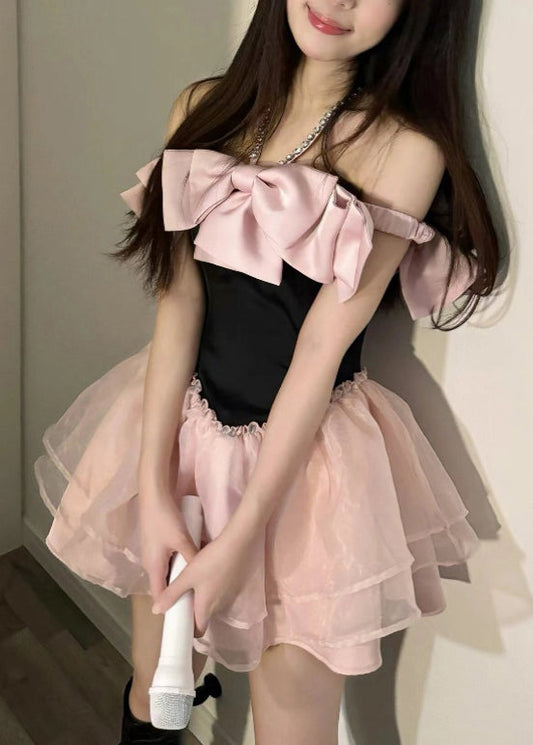 Neuheit Rosa Schleife Zirkon Tüll Patchwork Mid Kleid Sommer