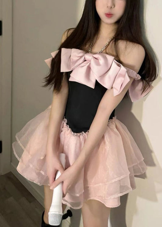 Neuheit Rosa Schleife Zirkon Tüll Patchwork Mid Kleid Sommer