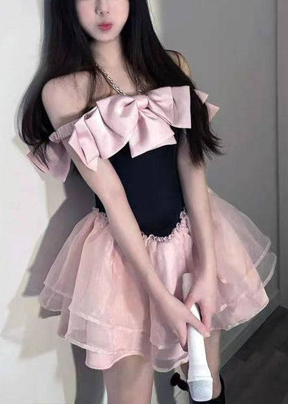 Neuheit Rosa Schleife Zirkon Tüll Patchwork Mid Kleid Sommer