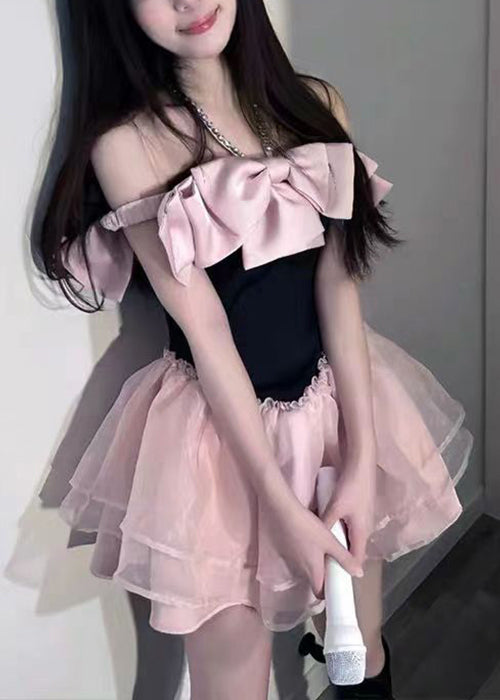 Neuheit Rosa Schleife Zirkon Tüll Patchwork Mid Kleid Sommer
